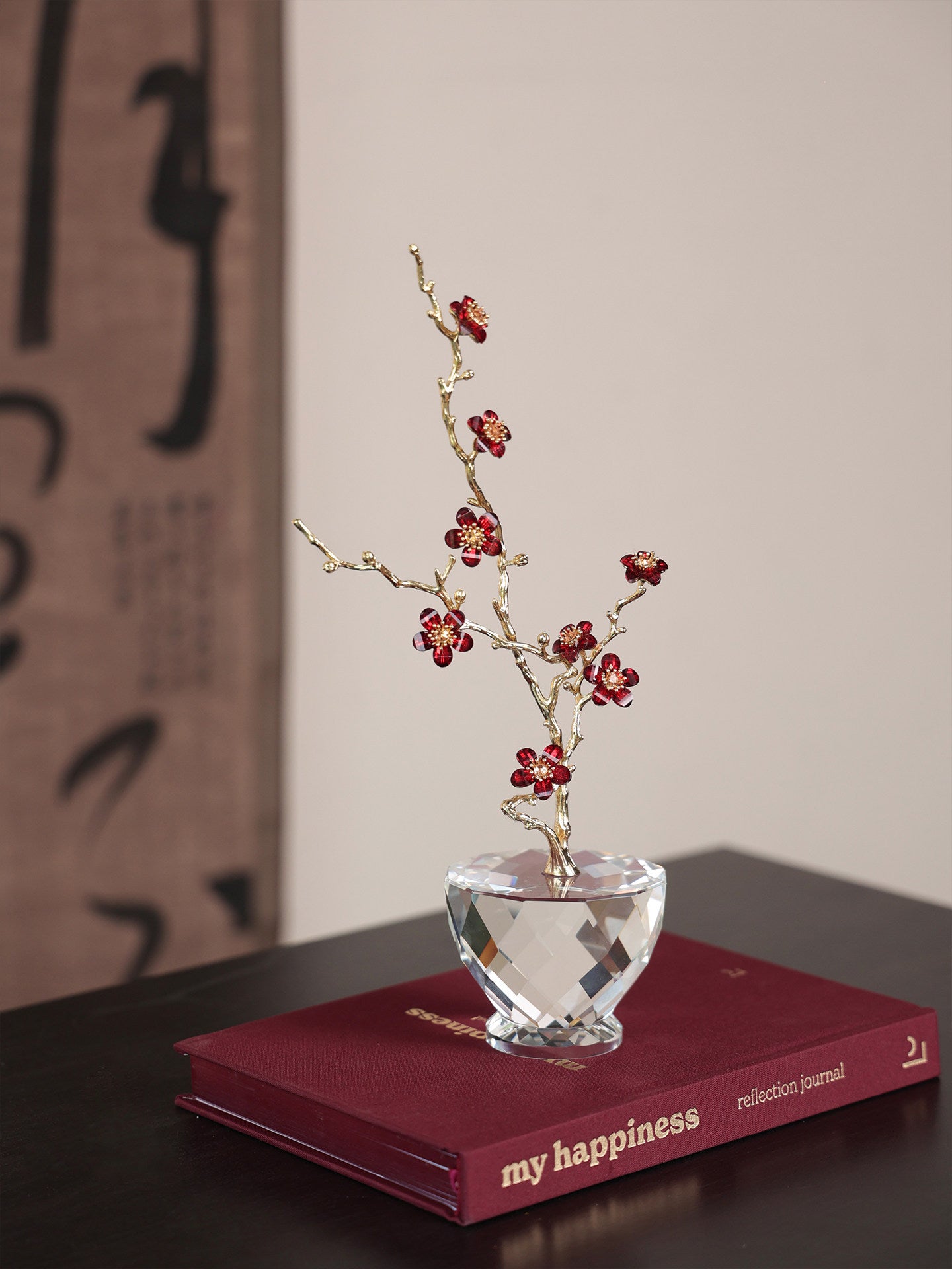 Crystal Plum Blossom Sculpture with Gold Branches, Red Floral Table Decor