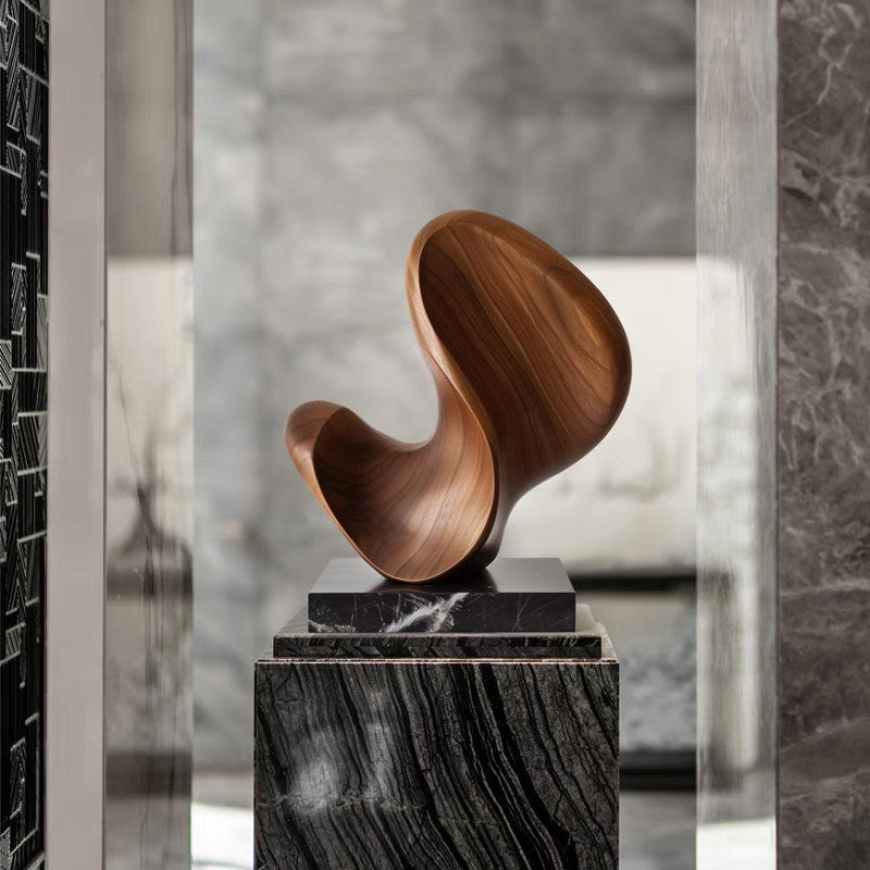 Abstract Wood Sculpture with Black Marble Base, Modern Tabletop Art, 15.7 Inch