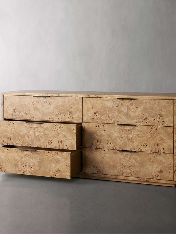 Burl Wood 6 Drawer Dresser, Chest of Drawers with Natural Burl Veneer Look, Modern Vintage Storage Cabinet for Bedroom, Living Room, Hallway, Entryway, and Closet
