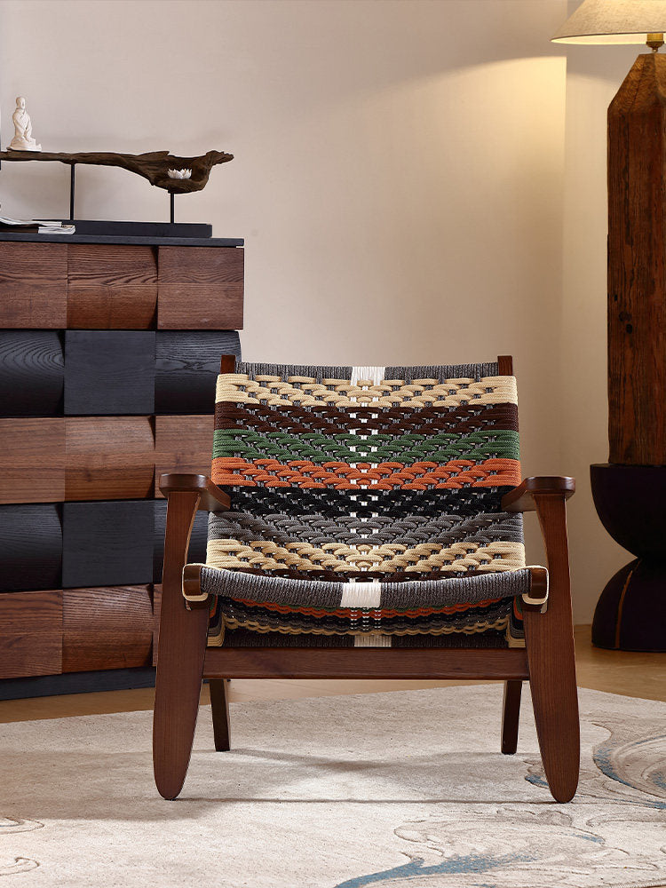 Solid Ash Wood Woven Rope Accent Chair, Multicolor Mid-Century Lounge Armchair for Living Room, Bedroom, Balcony and Reading Nook