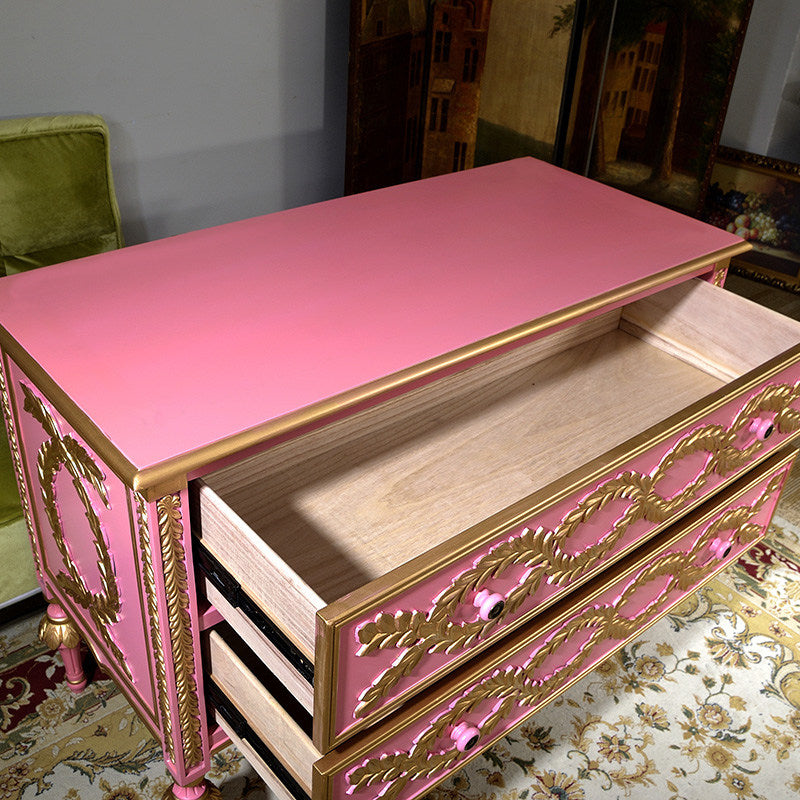 Pink Solid Wood Entryway Cabinet with 2 Drawers and Gold Trim