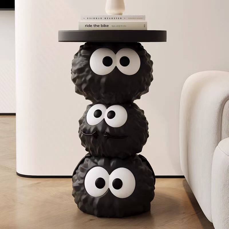 Black Big-Eyed Creature Side Table with Round Top, Resin Cartoon Accent End Table with Rear Coin Slot for Living Room, Bedroom, Nursery, Sofa Side and Small Spaces