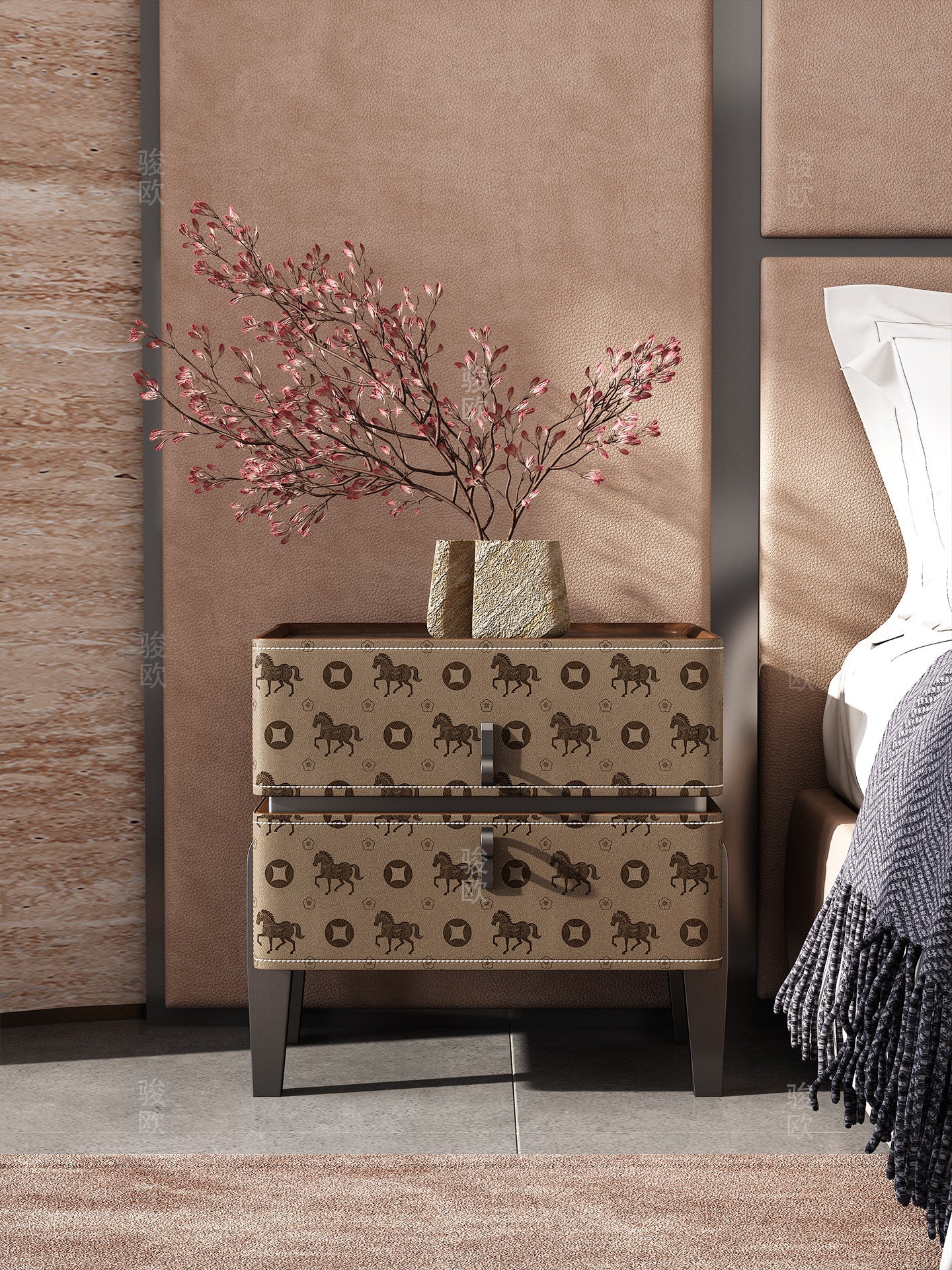 Brown Equestrian Pattern Nightstand with 2 Drawers, Modern Leather Look Bedside Table with Stone Pattern Top, Solid Wood Frame and Dark Legs, Luxury Accent End Table for Bedroom, Living Room