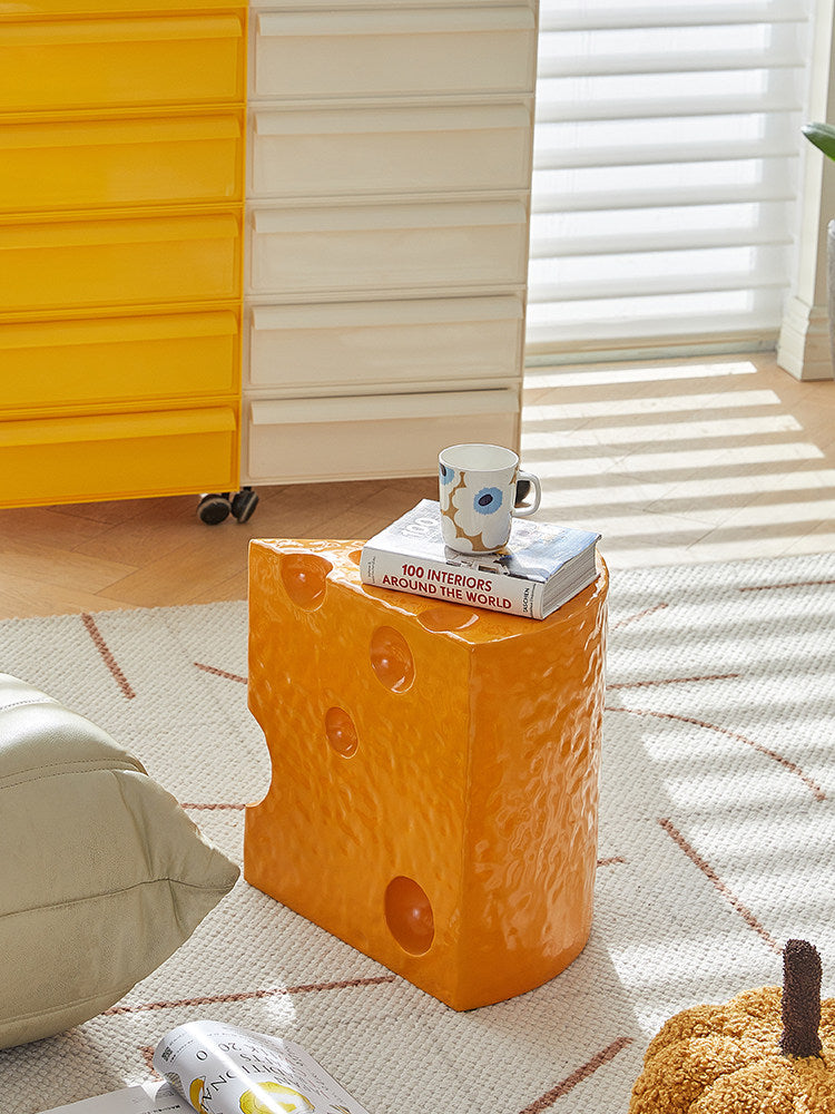 Yellow Cheese Shaped Resin Side Table, Novelty Accent Table, Small Sofa End Table, Creative Snack Table, Decorative Stool for Living Room, Bedroom, Entryway, Patio Decor