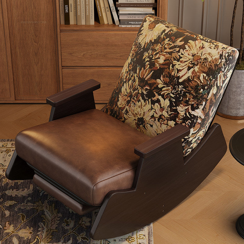 Walnut Wood Rocking Lounge Chair with Floral Cushion and Footrest