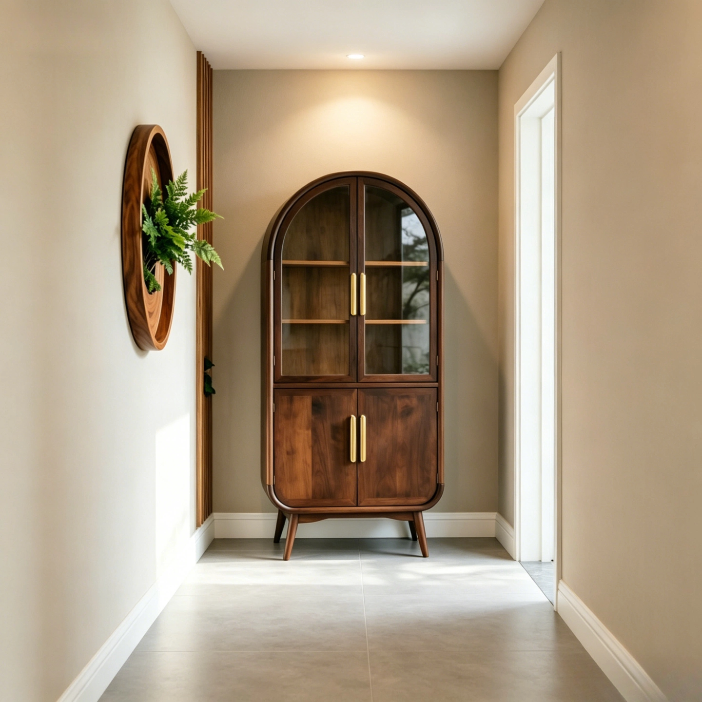 Ash Wood Arched Liquor Cabinet with Glass Doors and Storage Shelves