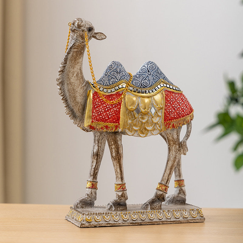 Blue and Gold Resin Camel Figurine for Shelf and Desk Decor