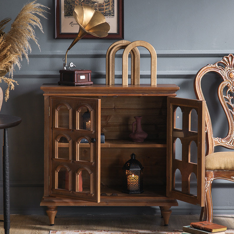 Walnut Brown 2-Door Accent Cabinet with Arched Window Panels