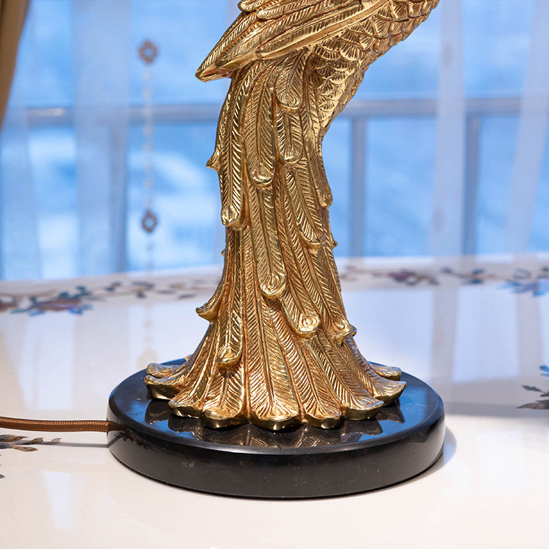 Peacock Table Lamp with Feather Inspired Shade, Gold Tone Bird Base Decorative Bedside Lamp, Luxury Accent Lighting for Bedroom, Living Room, Study, Office and Console Table