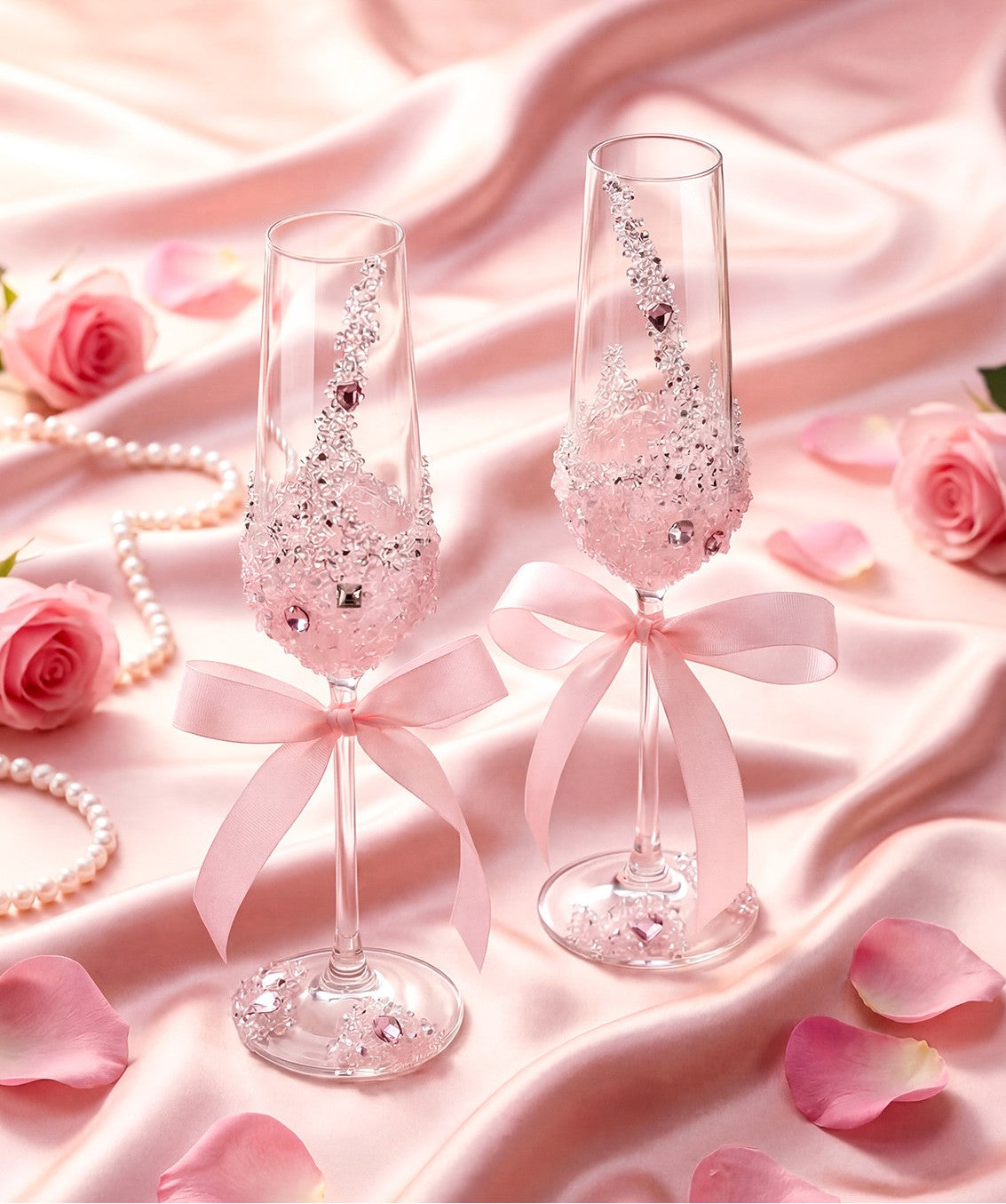 Pink Rhinestone Champagne Flutes with Bow, Decorative Glass Set of 2