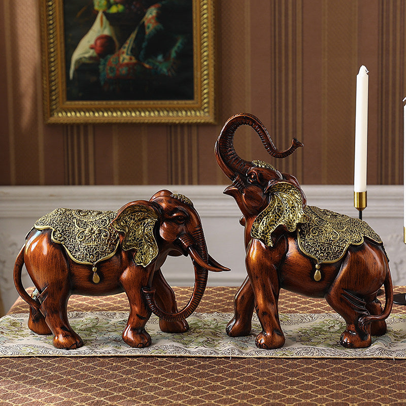 Antique Brown Resin Elephant Figurines Set of 2 with Gold Saddles