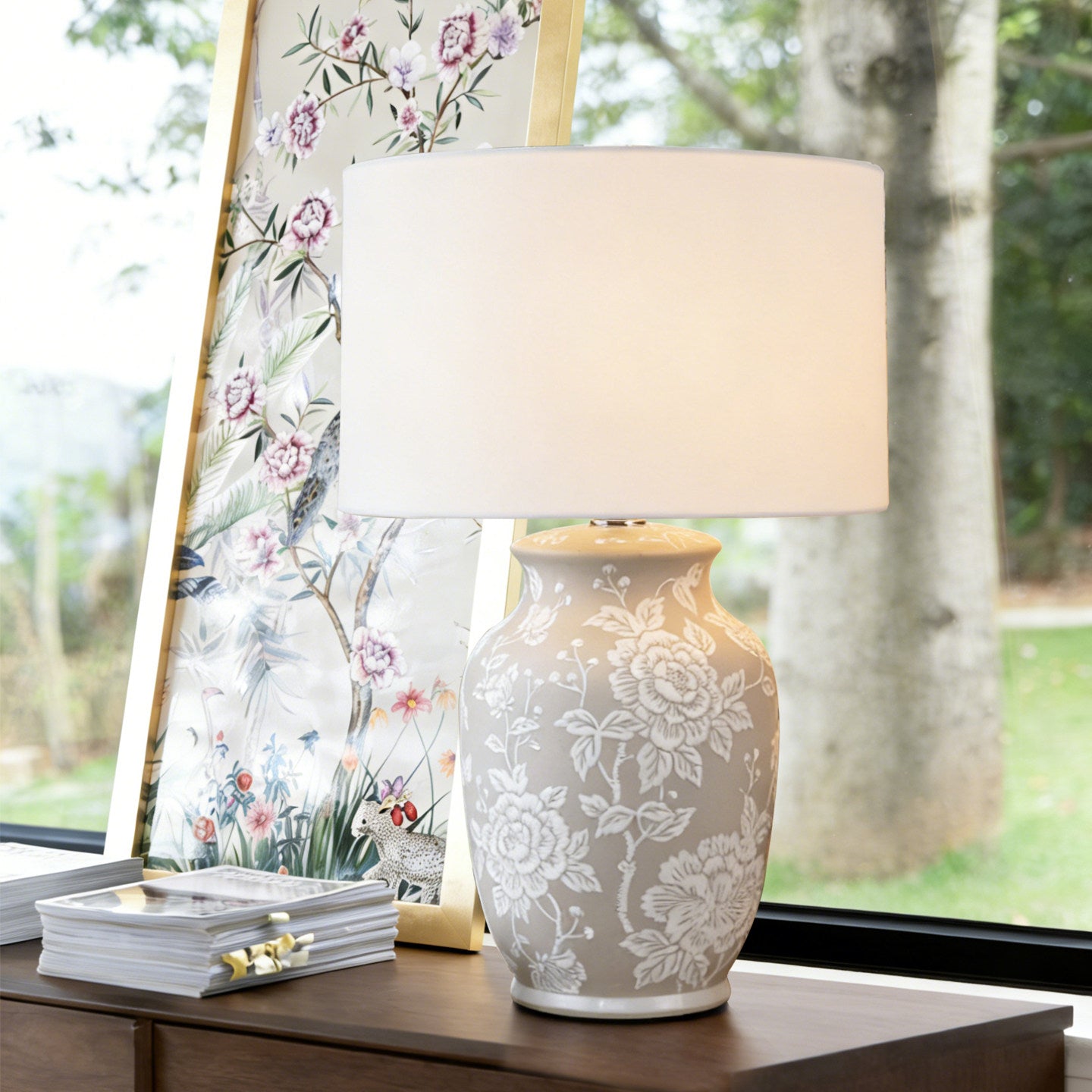 Beige Floral Ceramic Table Lamp with White Fabric Shade, Raised Flower Relief Bedside Lamp with E27 Socket and Button Switch, Decorative Nightstand Lamp for Bedroom Living Room