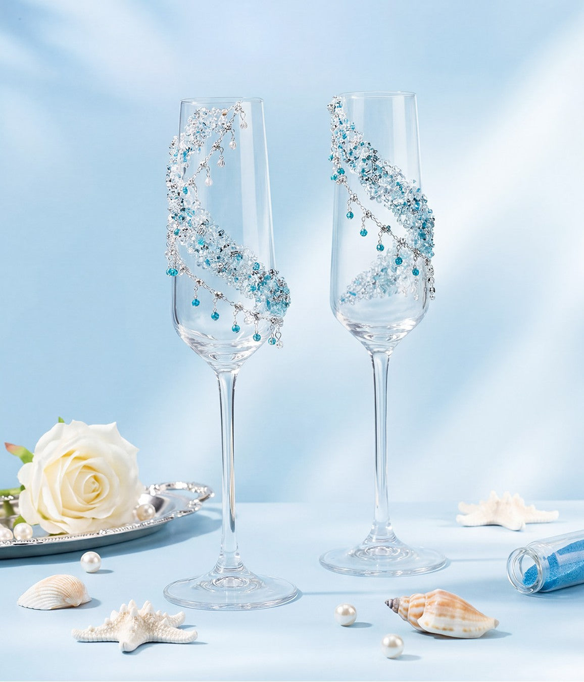 Blue Rhinestone Champagne Flutes with Pendants, Glass Set of 2