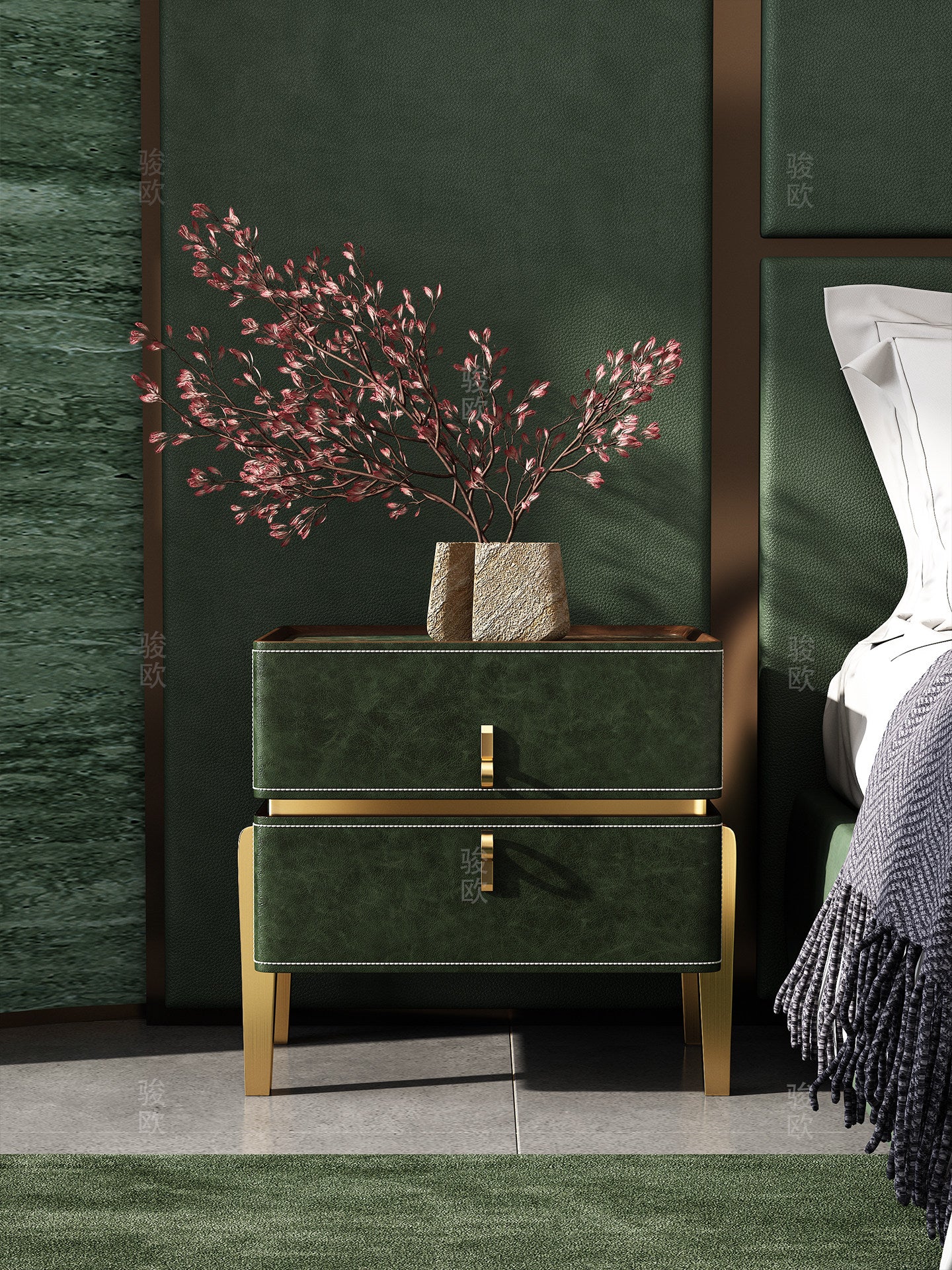 Emerald Green Nightstand with 2 Drawers, Modern Leather Look Bedside Table with Marble Pattern Top, Gold Tone Legs and Solid Wood Frame, Luxury Accent End Table for Bedroom, Living Room