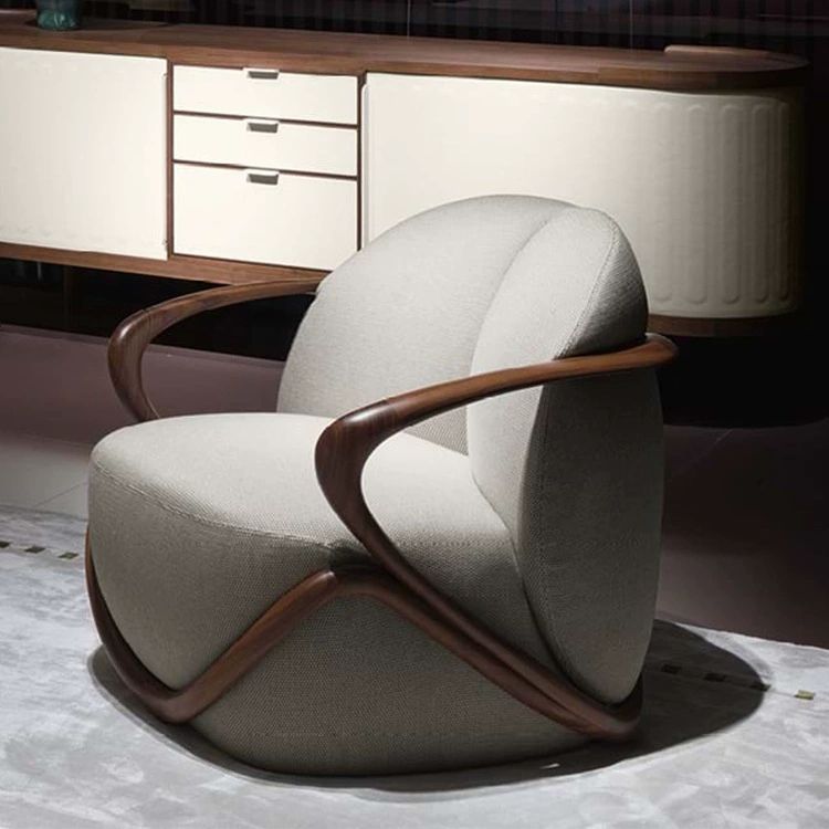 Beige Upholstered Accent Chair with Curved Wood Frame for Living Room