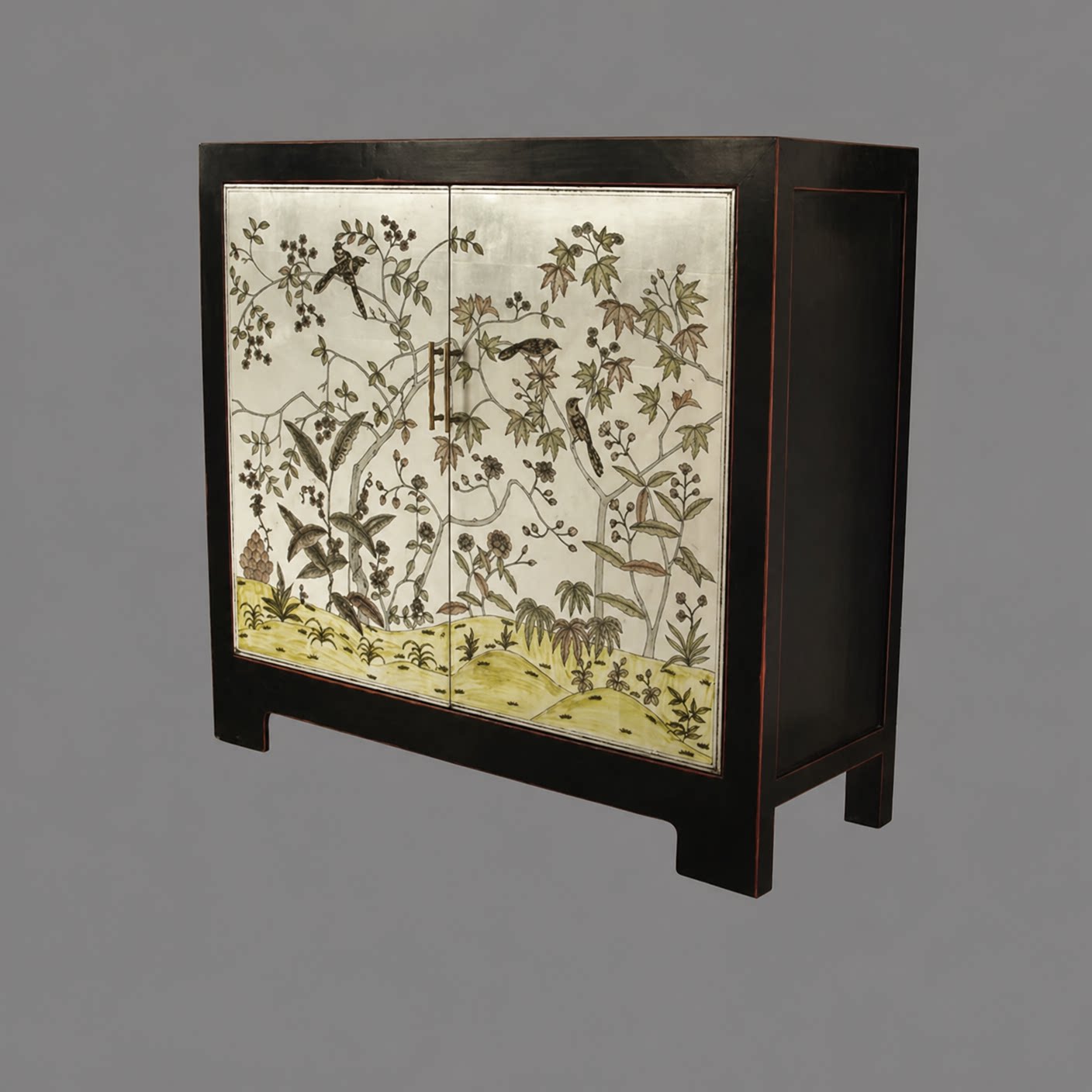 Black 2-Door Sideboard with Bird and Floral Painted Panels