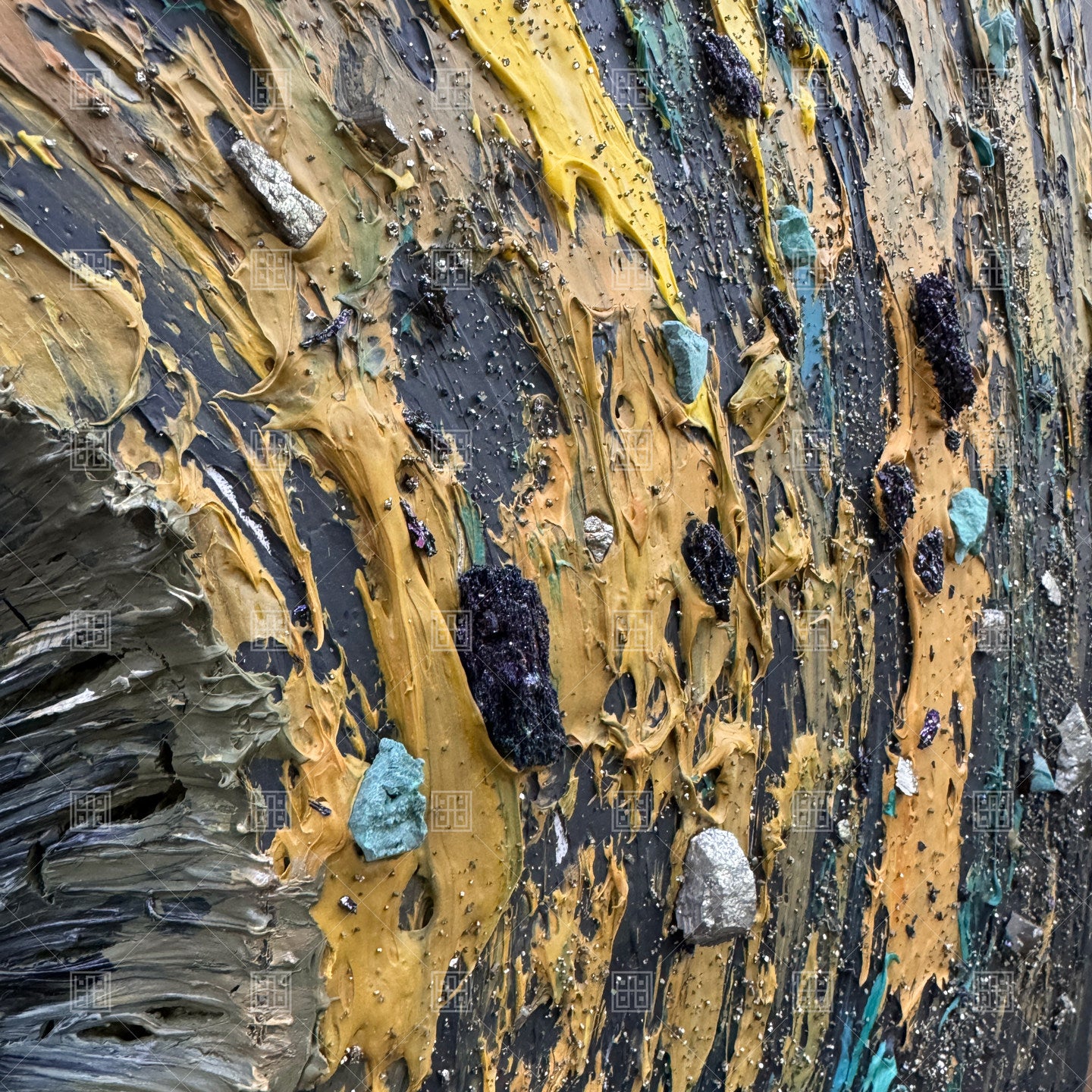 Round Abstract Wall Art 35.4 Inch, Hand Painted Textured Teal Gold Decor