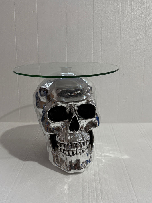 Silver Skull Side Table with Tempered Glass Top, Electroplated Fiberglass Sculptural Accent End Table, Modern Gothic Coffee Table for Living Room, Bar, Lounge, Studio and Small Spaces