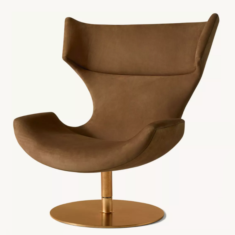 Brown Wingback Swivel Lounge Chair, Upholstered Accent Chair with Gold Metal Pedestal Base for Living Room, Bedroom, Hotel, Villa, Studio