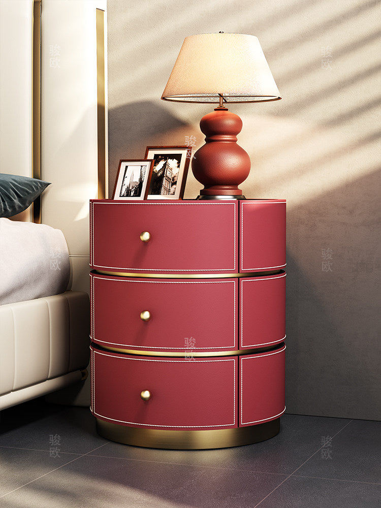 Rose Red Round Nightstand with 3 Drawers, Modern Leather Look Bedside Table with Gold Tone Base, Solid Wood Frame Accent Storage Cabinet for Bedroom, Living Room, Guest Room