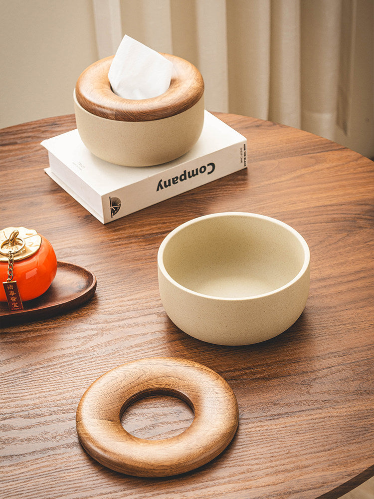 Ceramic Tissue Box with Walnut Wood Lid, Round Holder for Home Decor