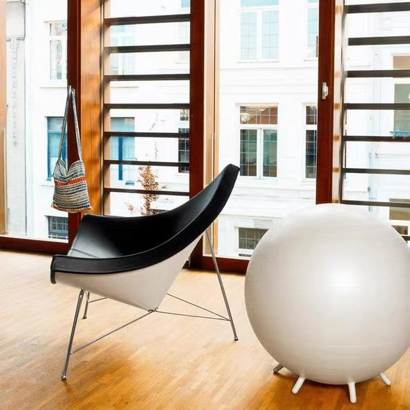 Black Faux Leather Sculptural Lounge Chair, Triangular Fiberglass Shell Accent Armchair with White Outer Back and Chrome Steel Frame for Living Room, Bedroom, Office and Reading Nook