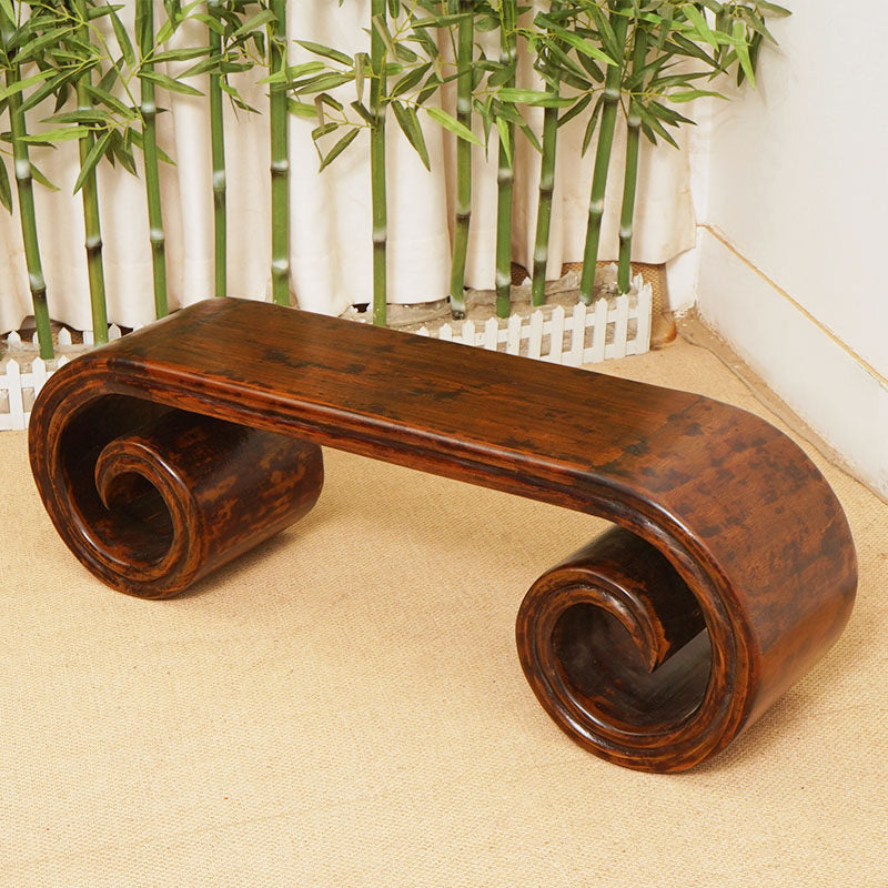 Brown Solid Wood Chinese Style Low Coffee Table, Scroll Base Tea Table with Glossy Wood Grain Finish, Vintage Inspired Rectangular Floor Table for Living Room, Small Spaces, Tea Room, Lounge, and Display