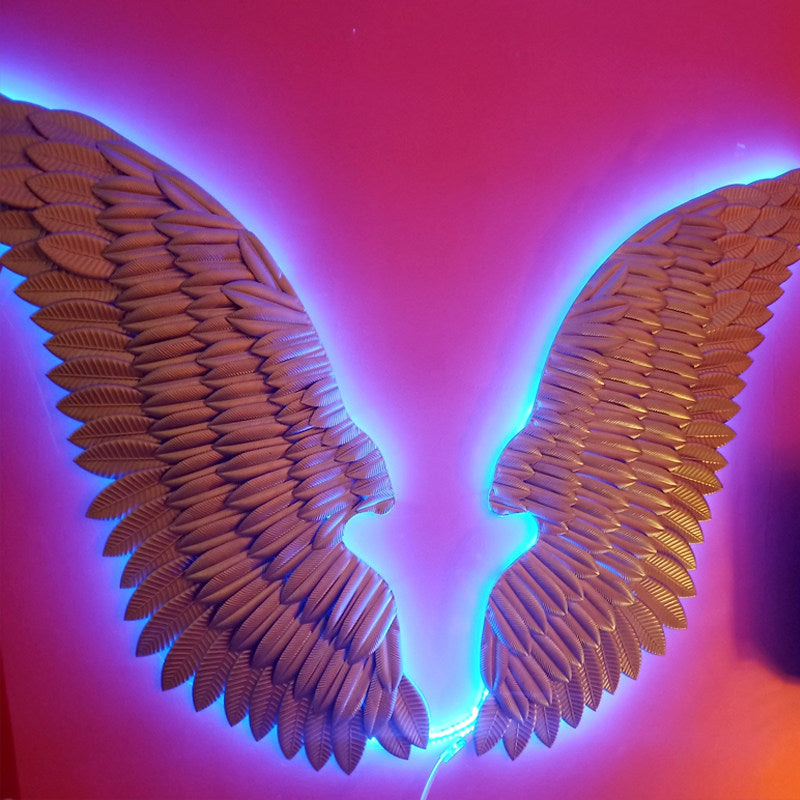 Gold Angel Wings Wall Decor with LED Strip Lights, Large 3D Metal Wing Wall Art Set of 2, Industrial Statement Wall Sculpture for Bar, Salon, KTV, Cafe, Restaurant, Photo Backdr