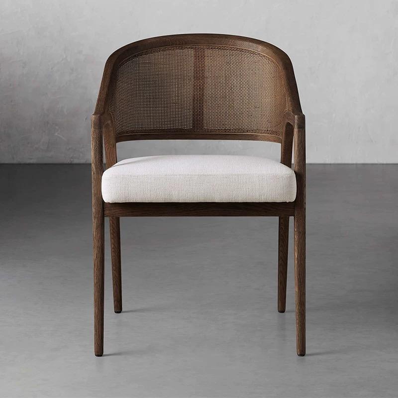 French Cane Back Dining Chair, Solid Wood Armchair with Cream Upholstered Seat, Rattan Accent Chair for Dining Room, Kitchen, Restaurant, Cafe, Living Room