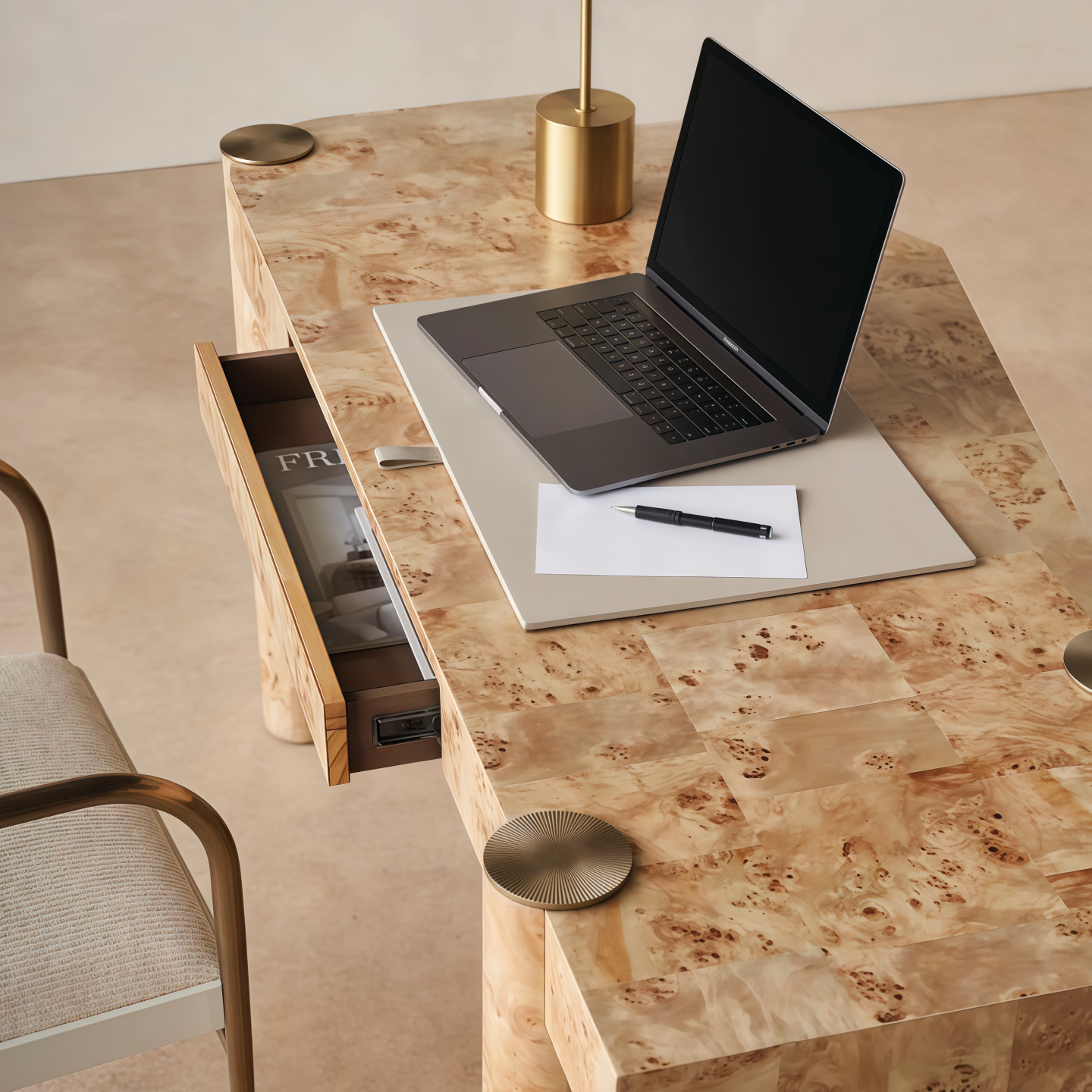 Burl Wood Writing Desk, 55 Inch Solid Wood Home Office Desk with Cylindrical Legs, Modern Rustic Work Table for Bedroom, Study Room, Small Apartment, Hotel, Villa