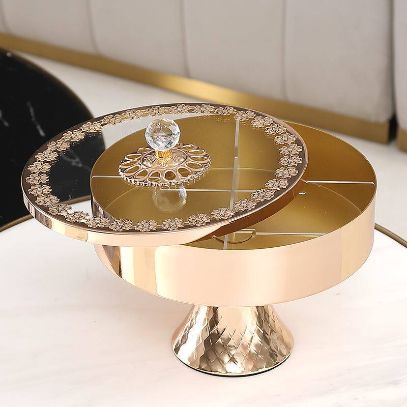 Gold Decorative Divided Candy Dish with Lid, Round Glass Snack Storage Box with Pedestal Base and Crystal-Style Knob, Luxury Countertop Organizer for Nuts, Candy, Cookies and Tea Table Decor