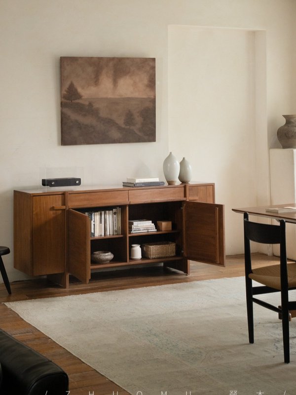 Solid Wood Sideboard Buffet Cabinet, Mid Century Storage Cabinet with Drawers and Doors, Modern Walnut Finish Dining Room Console Cabinet for Living Room, Kitchen, Entryway, and Hallway