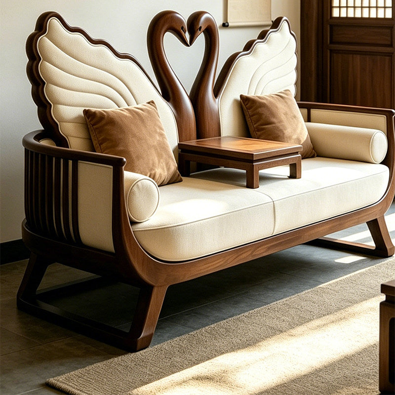 Ash Wood Swan Loveseat Sofa with Integrated Center Table, Upholstered 2 Seat Living Room Sofa, Luxury Accent Couch for Living Room, Office, Hotel &amp; Reception