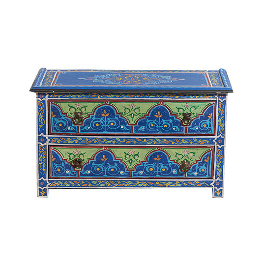 Moroccan Style Hand Painted 2 Drawer Chest, Blue Accent Storage Cabinet, Decorative Bedside Table, Entryway Cabinet, Living Room Side Cabinet for Bedroom and Hallway