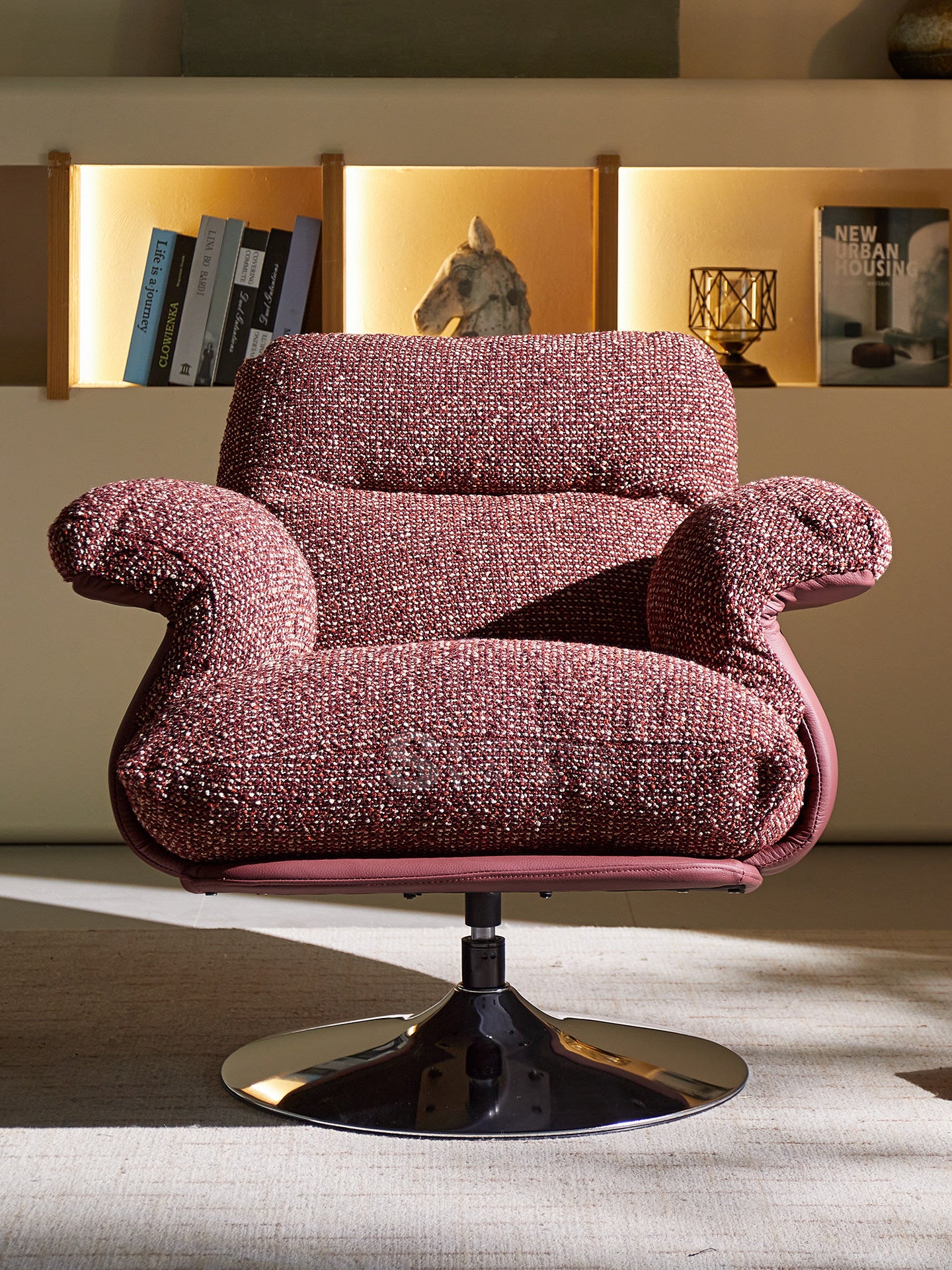 Burgundy Swivel Accent Chair, Upholstered Lounge Chair with Chrome Pedestal Base for Living Room, Bedroom, Reading Nook and Office