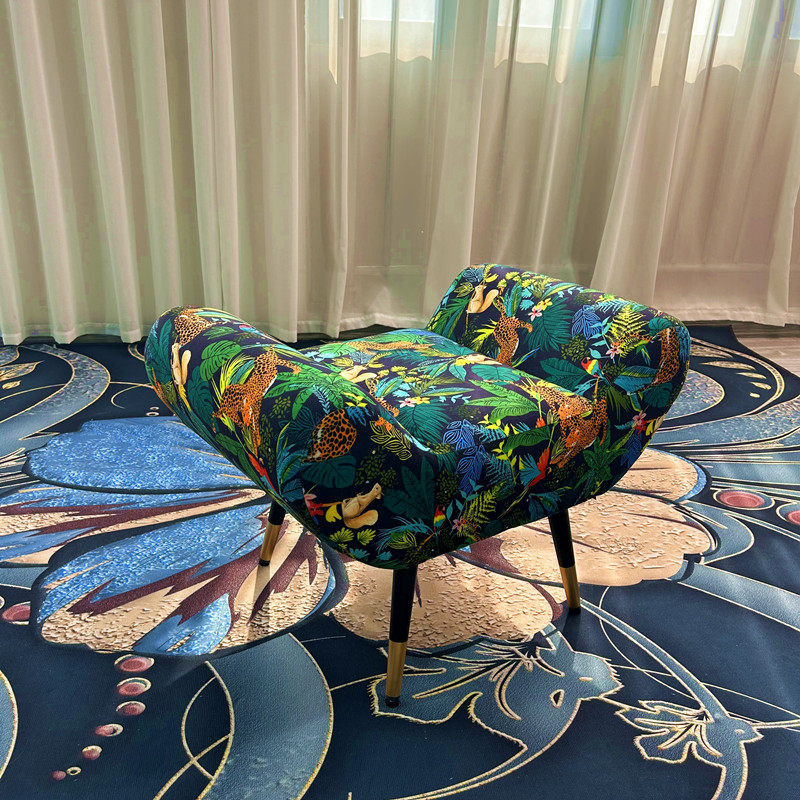 Navy Green Jungle Animal Print Upholstered Accent Bench, Curved-Side Ottoman with Black and Gold Legs for Entryway, Bedroom, Vanity, Living Room and Walk-In Closet