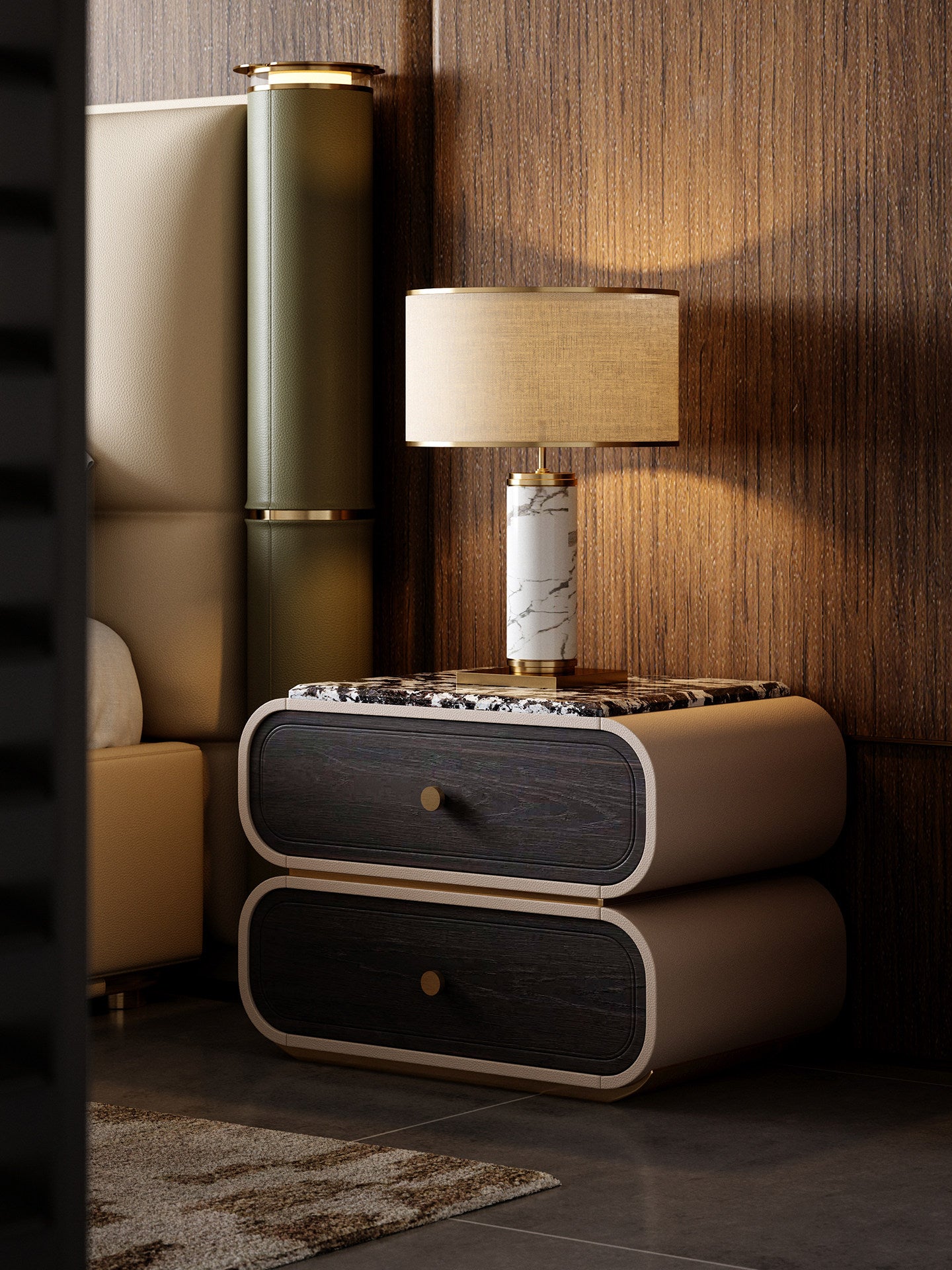 Modern Luxury Nightstand with Natural Stone Top, 2 Drawer Bedside Table in Smoked White Oak Finish, Rounded Bedroom End Table with Bronze Accents for Master Bedroom