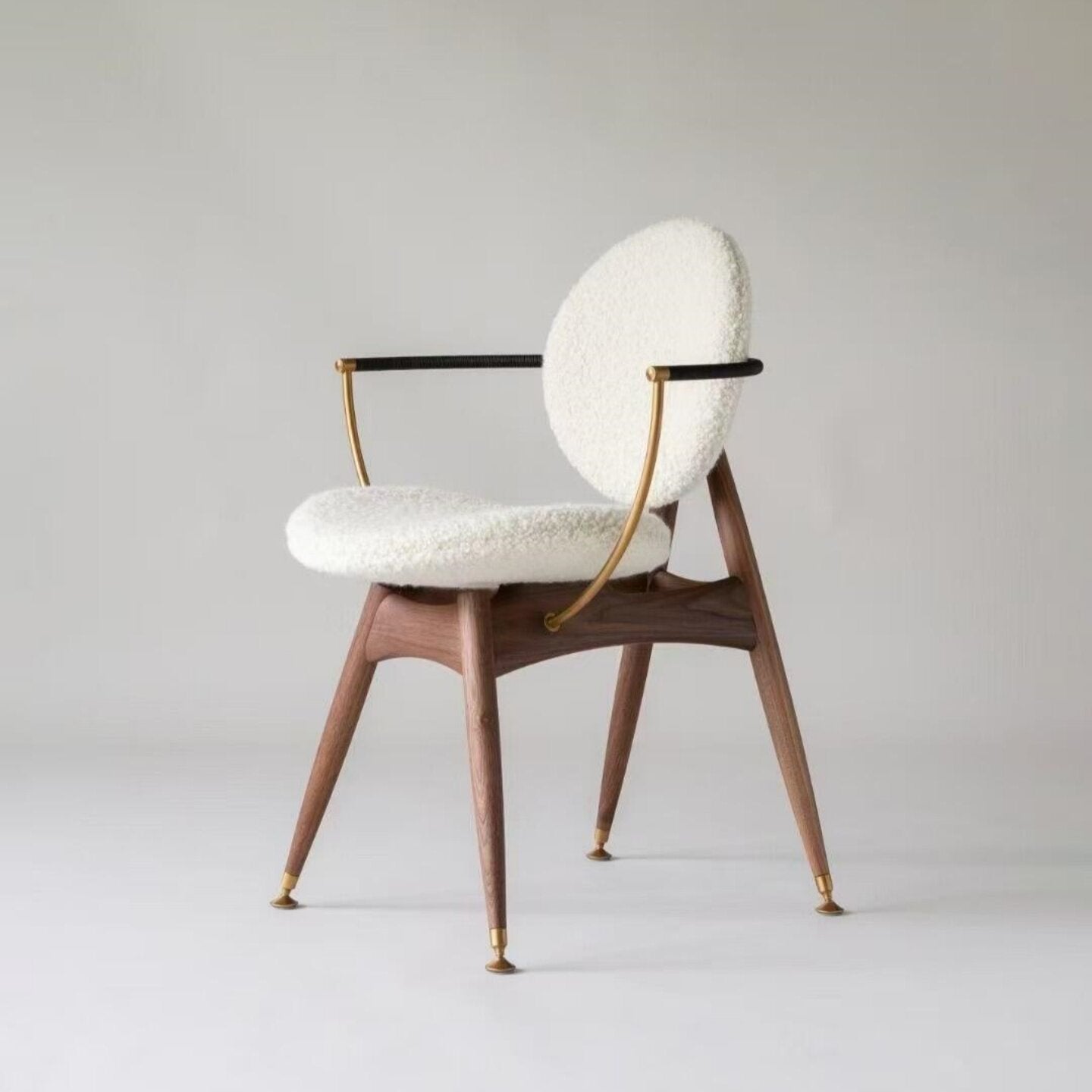 White Boucle Dining Chair with Wood Frame and Brass Tone Arms, Modern Sherpa Accent Chair for Dining Room, Living Room, Cafe, Bedroom, Reception Area and Home Office