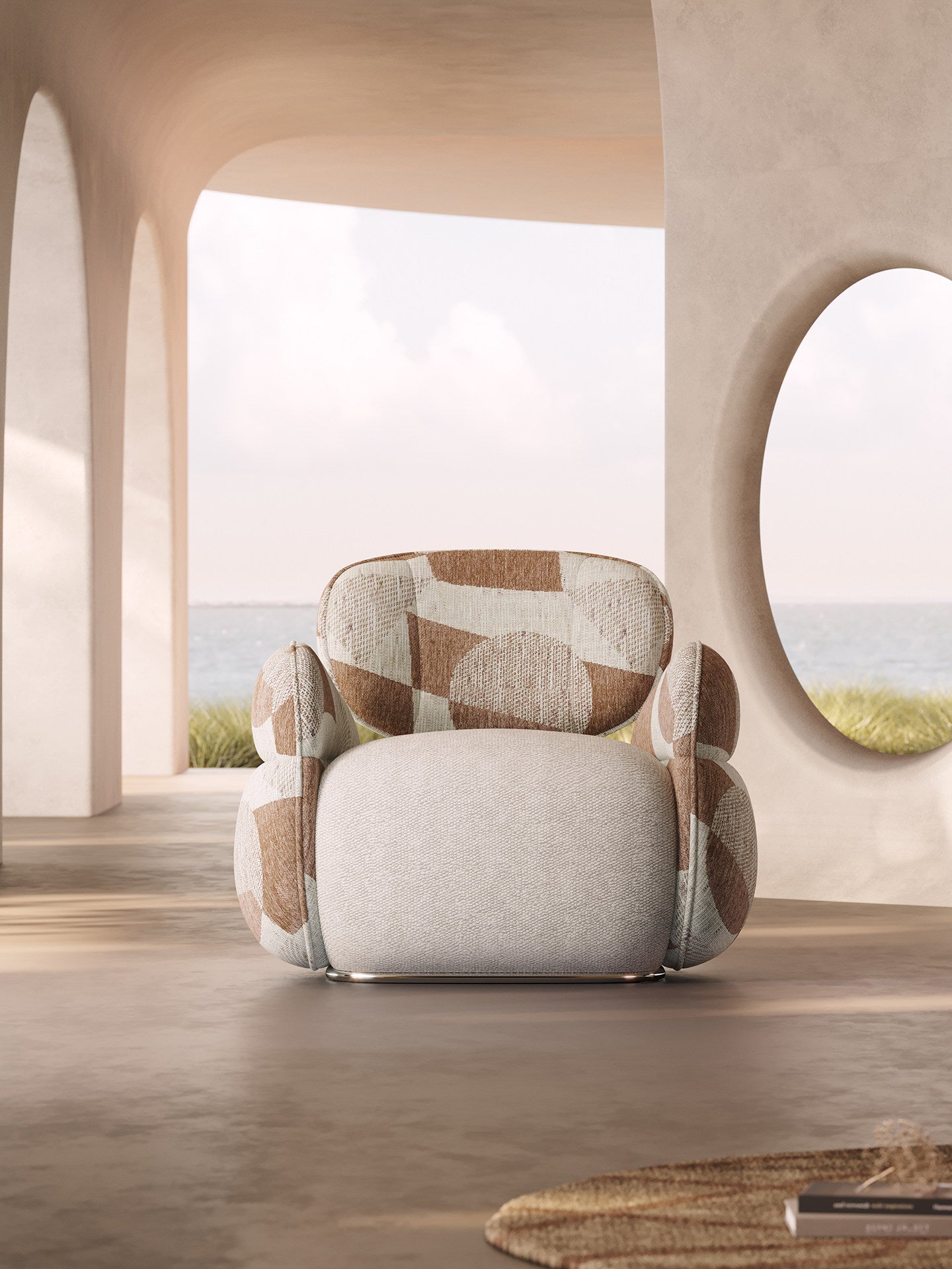 Modern Teddy Bouclé Swivel Accent Chair, Upholstered Lounge Armchair with High-Density Foam Cushion, Designer Barrel Sofa Chair for Living Room, Bedroom, Reading Nook, Apartment &amp; Hotel, Geometric Patchwork Beige