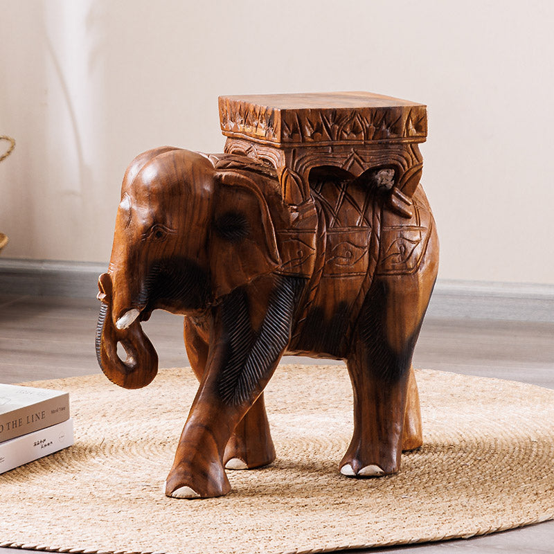 Hand Carved Elephant Stool, Solid Wood Animal Side Table with Square Seat, Rustic Entryway Shoe Bench, Plant Stand, Footstool, and Decorative Accent for Living Room, Bedroom, Porch, and Home Decor