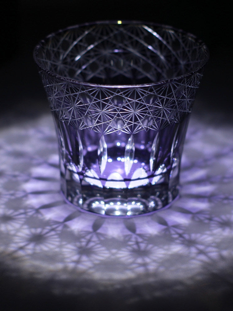 Purple Cut Glass Whiskey Tumbler, Heavy Base Rocks Glass with Starburst Geometric Pattern for Bourbon, Scotch, Cocktails and Home Bar Gift, Single Glass