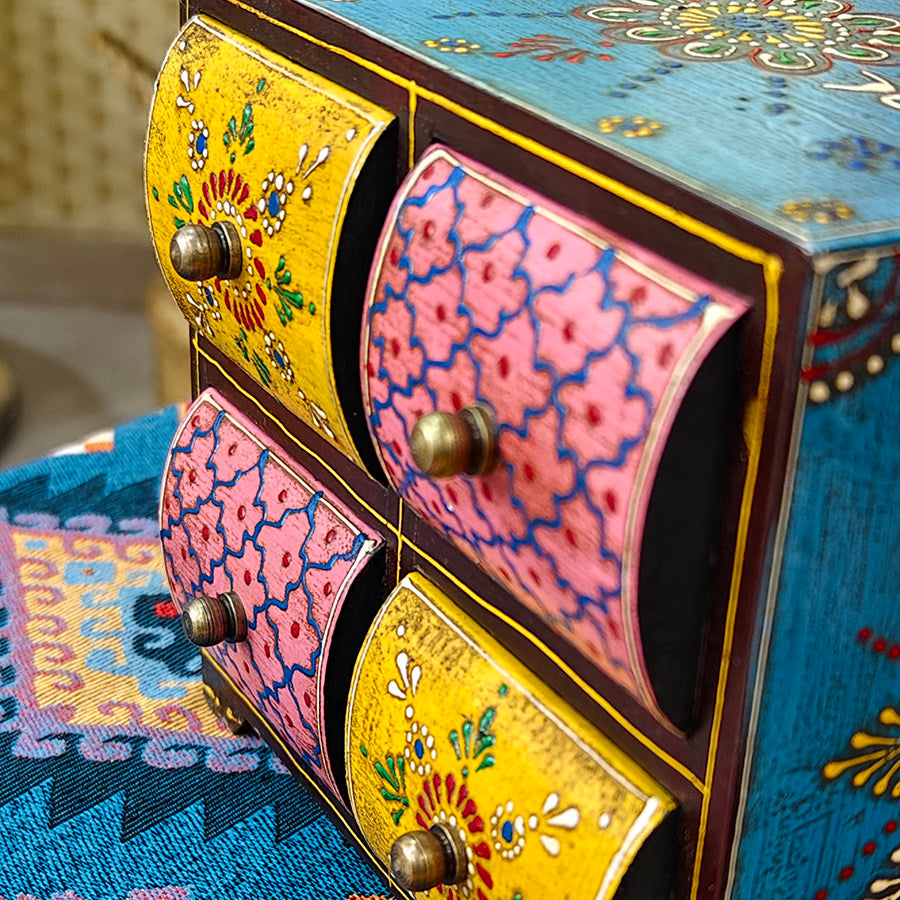Hand-Painted Wood Jewelry Box with 4 Drawers, Turquoise Floral