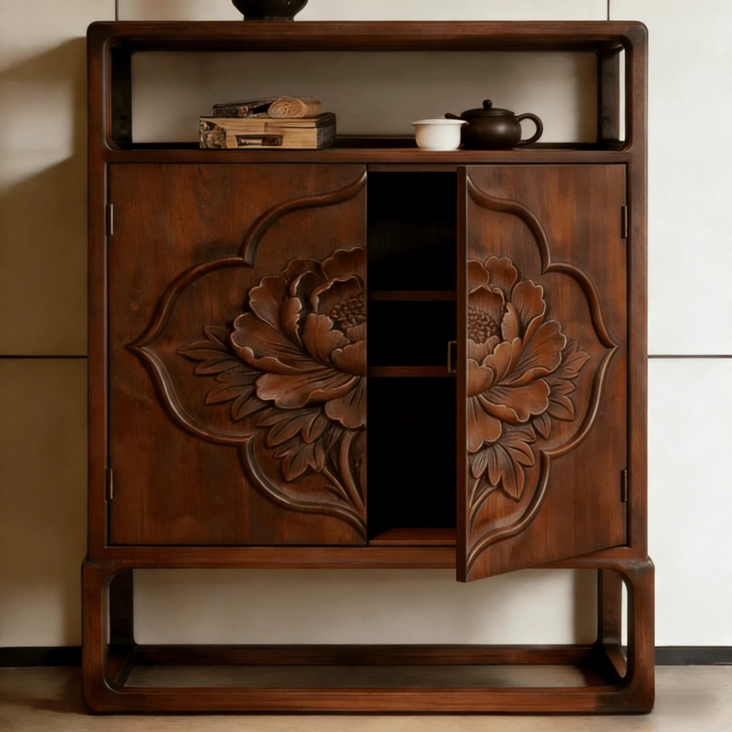Solid Ash Wood Carved Entryway Storage Cabinet with Floral Doors, Modern Wooden Sideboard Buffet Cabinet with Open Display Shelf, Walnut Finish Accent Console Cabinet for Entryway, Dining Room, Living Room &amp; Hallway