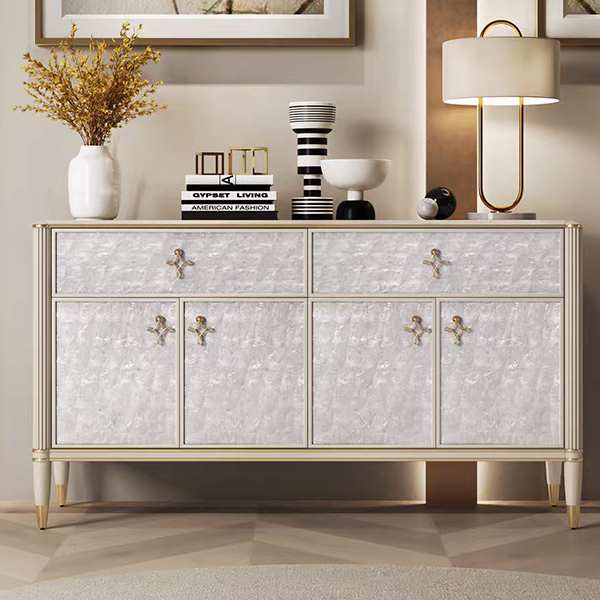 Modern Pearl-Effect Sideboard Cabinet, Accent Storage Credenza with 2 Drawers, 4 Doors, Champagne Silver Frame and Tapered Legs for Entryway, Dining Room or Living Room