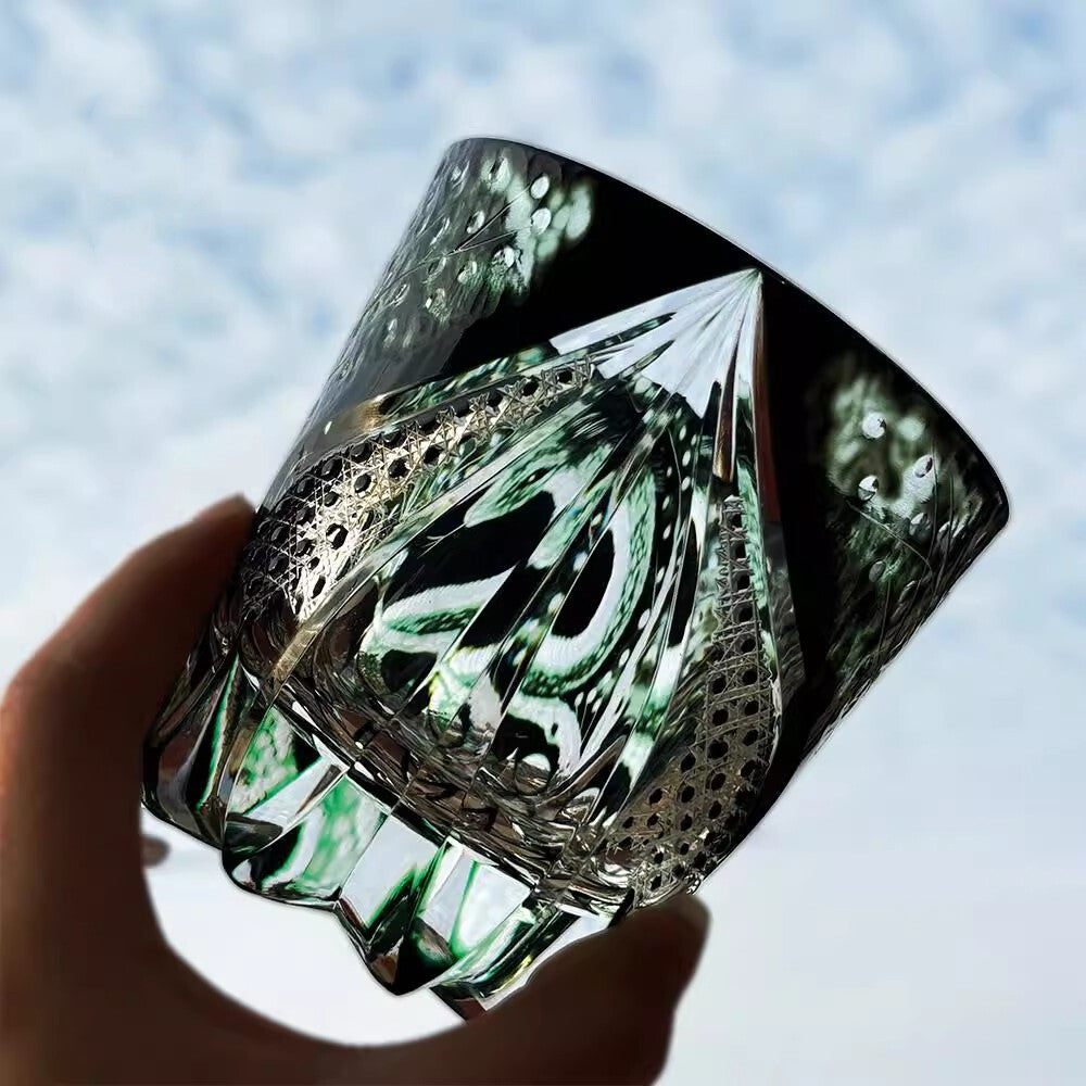 Japanese Cut Glass Style Whiskey Tumbler, Green Snake Pattern Crystal Rocks Glass, Decorative Old Fashioned Cocktail Glass for Bourbon, Scotch, Water, Holiday Gift