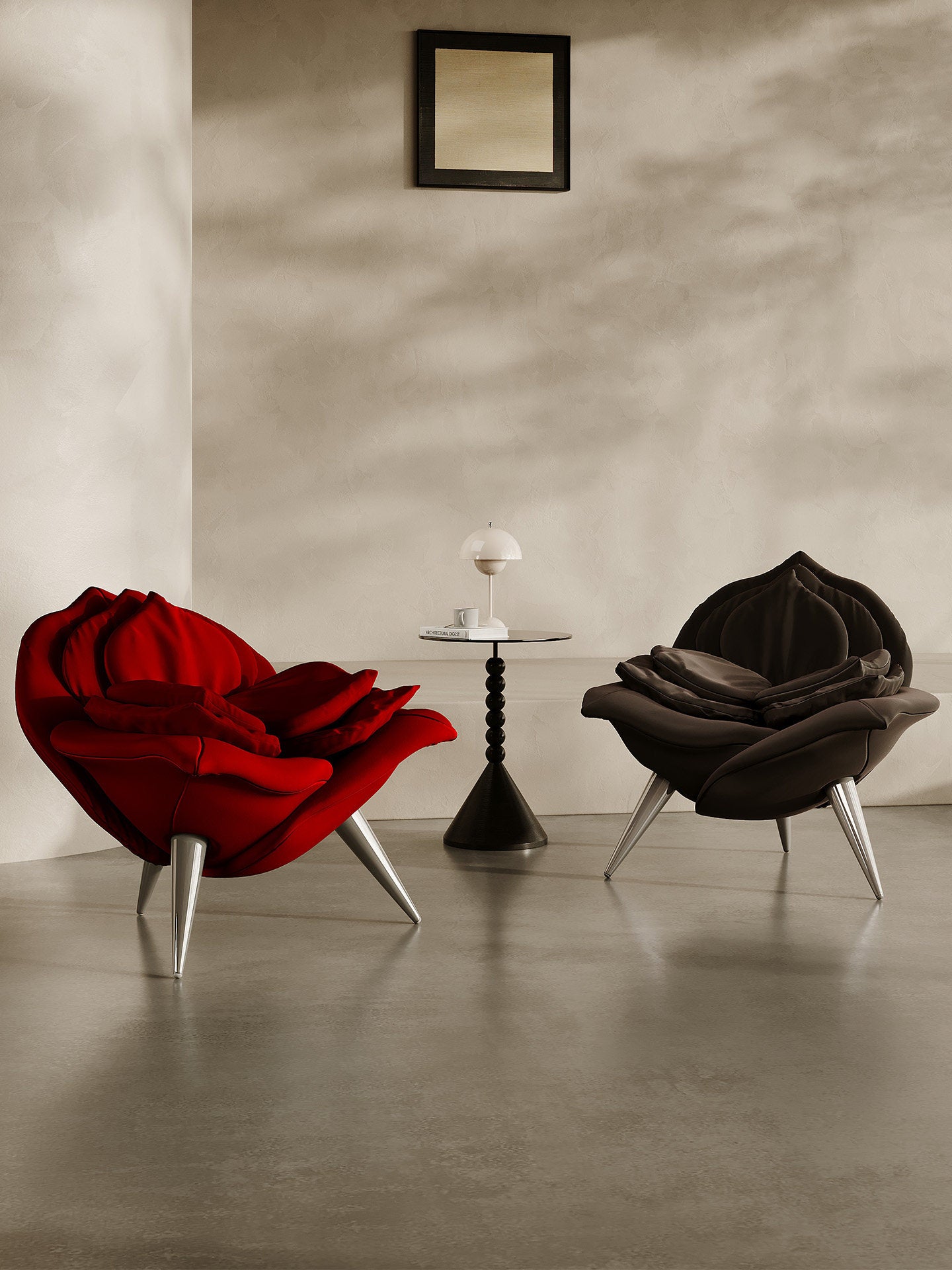 Red Flower Petal Accent Chair, Velvet Upholstered Sculptural Lounge Chair with High-Density Foam, Modern Floral Single Sofa Chair for Living Room, Bedroom, Vanity Corner, Reading Nook