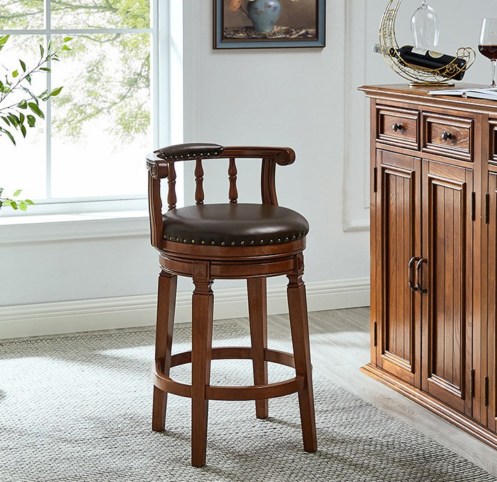 Brown Leather Counter Stool, Solid Wood Bar Chair with Arms