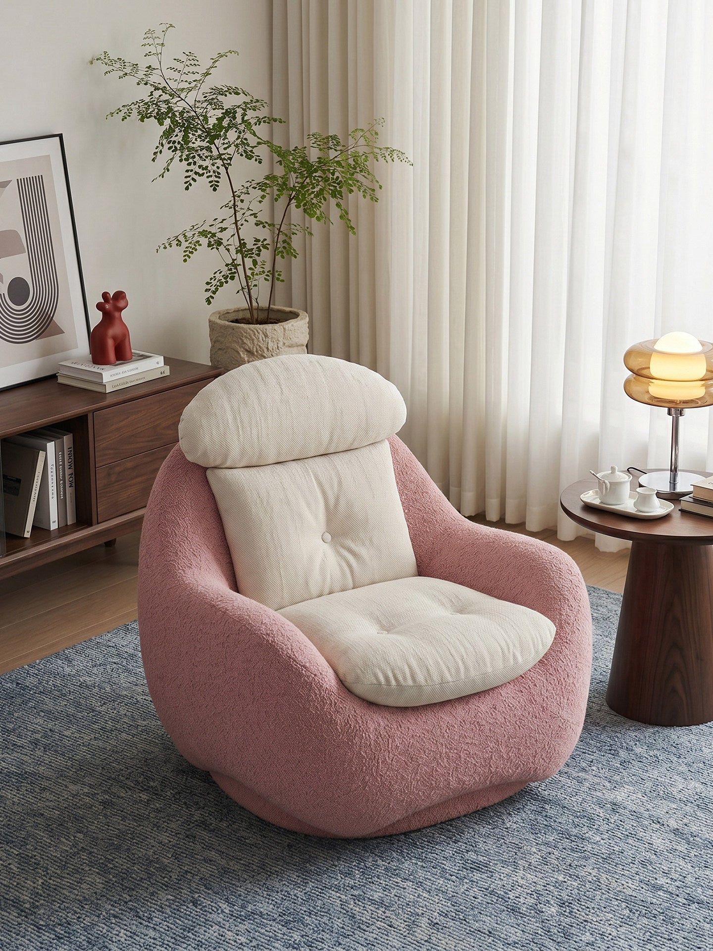 Pink Bouclé Accent Lounge Chair with Linen Cushion Modern Cozy Reading Chair