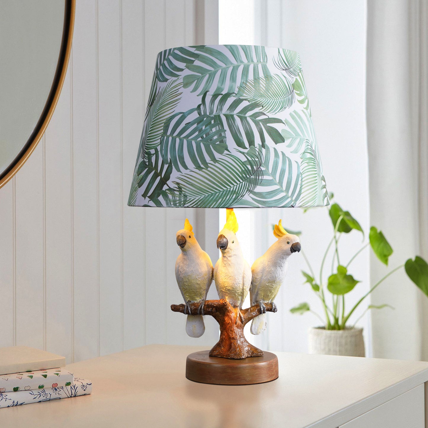 Tropical Bird Table Lamp, Cockatoo Parrot Bedside Lamp with Leaf Print Fabric Shade, Button Switch and Two-Pin Plug for Bedroom, Kids Room, Study, Nightstand and Hotel Decor