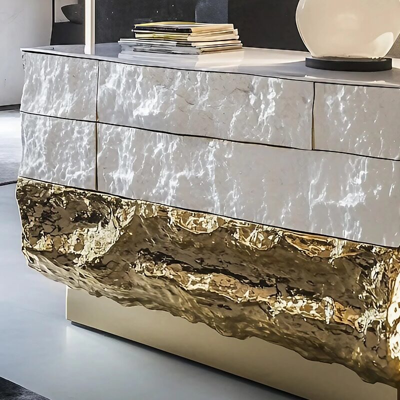White and Gold Luxury Sideboard Cabinet, Modern Storage Credenza with Sculpted Stone-Look Front and Textured Gold Base, Buffet Cabinet for Dining Room, Living Room, Entryway, Hallway